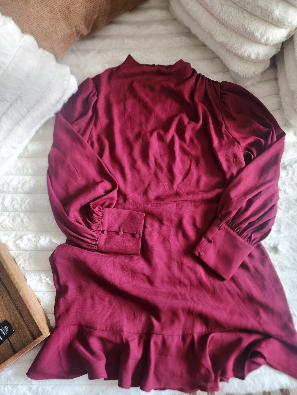 Express Burgundy High-neck Long Sleeve Ruffle Hem Dress